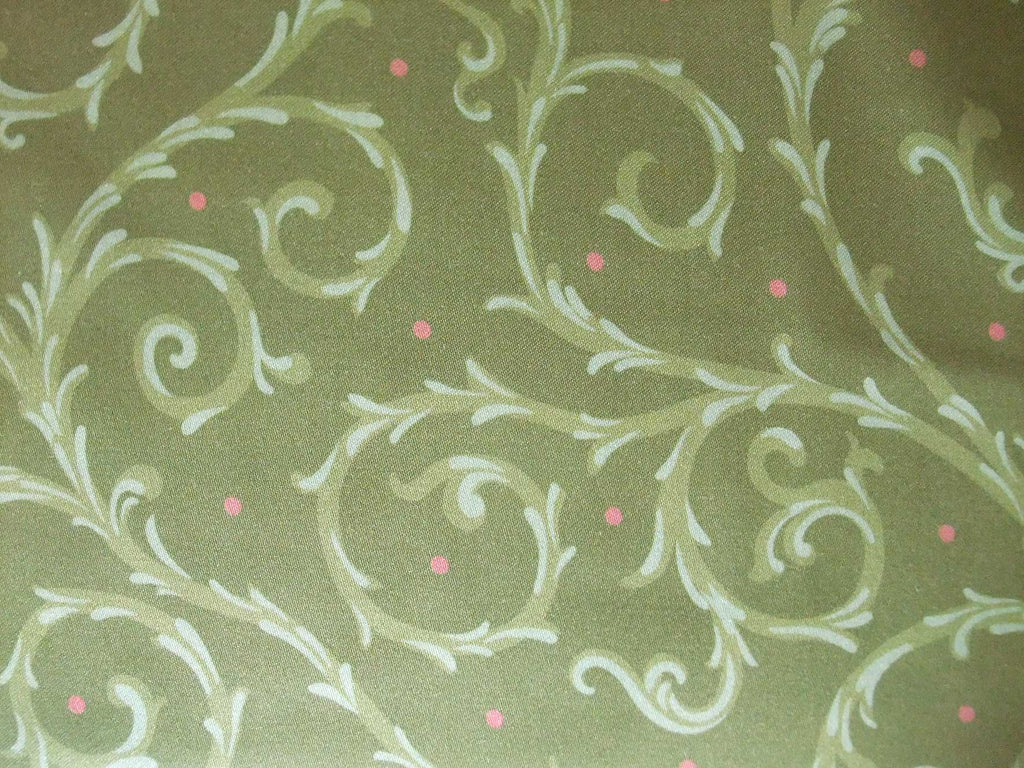 Mako-Satin, Meterware, Baumwolle,  grün mit hellgrünen Ranken und roten Pünktchen, Blusen, Hemden, Bettwäschestoff, glänzend, Muster, Kleider