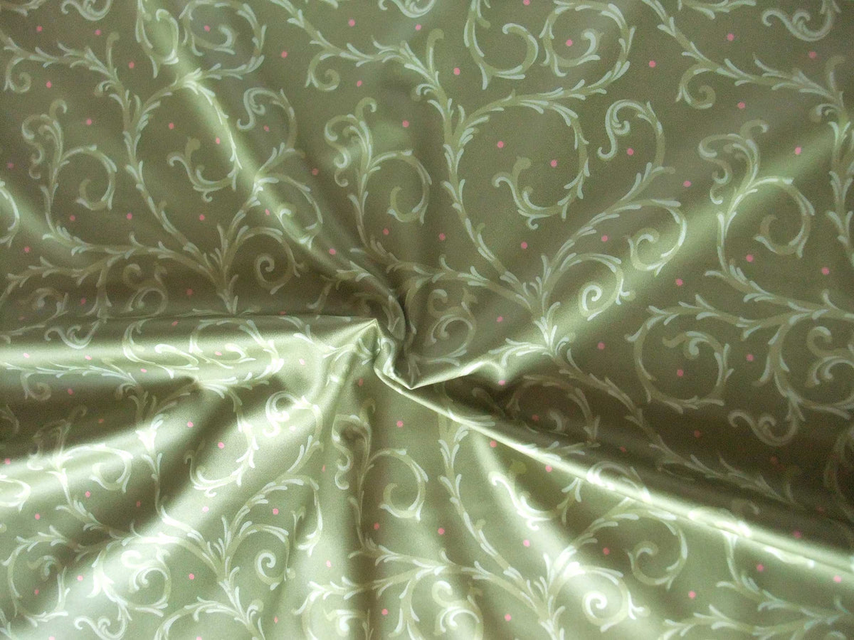 Mako-Satin, Meterware, Baumwolle,  grün mit hellgrünen Ranken und roten Pünktchen, Blusen, Hemden, Bettwäschestoff, glänzend, Muster, Kleider
