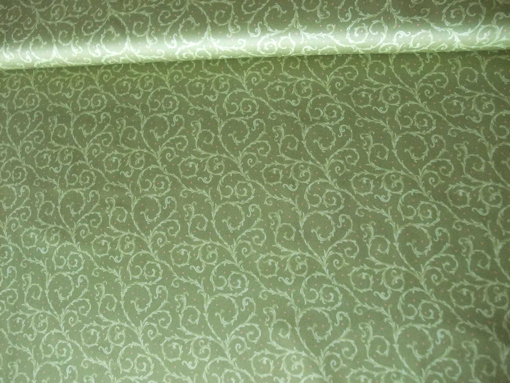 Mako-Satin, Meterware, Baumwolle,  grün mit hellgrünen Ranken und roten Pünktchen, Blusen, Hemden, Bettwäschestoff, glänzend, Muster, Kleider