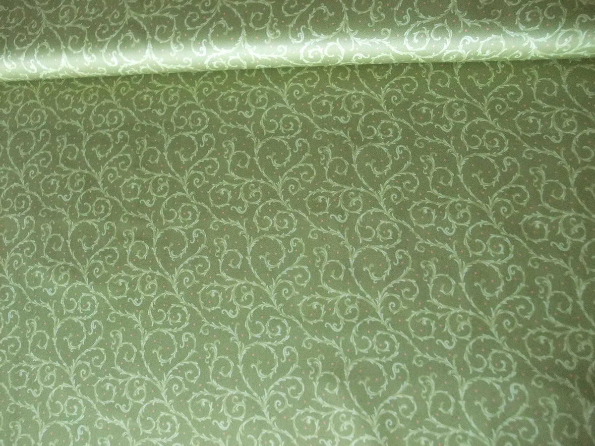 Mako-Satin, Meterware, Baumwolle,  grün mit hellgrünen Ranken und roten Pünktchen, Blusen, Hemden, Bettwäschestoff, glänzend, Muster, Kleider