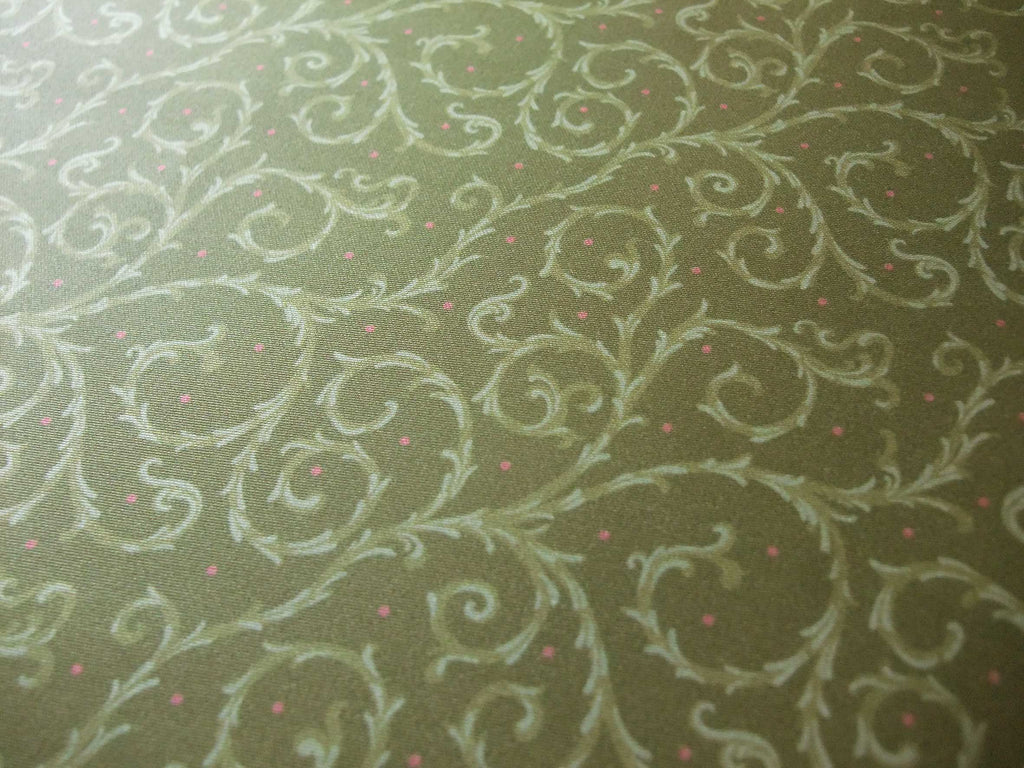 Mako-Satin, Meterware, Baumwolle,  grün mit hellgrünen Ranken und roten Pünktchen, Blusen, Hemden, Bettwäschestoff, glänzend, Muster, Kleider