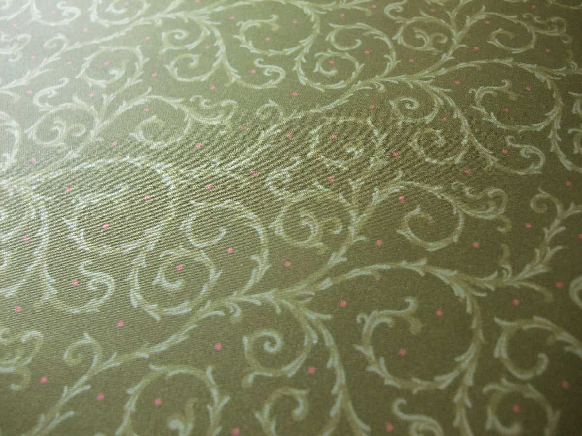 Mako-Satin, Meterware, Baumwolle,  grün mit hellgrünen Ranken und roten Pünktchen, Blusen, Hemden, Bettwäschestoff, glänzend, Muster, Kleider
