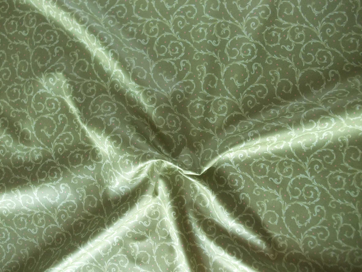 Mako-Satin, Meterware, Baumwolle,  grün mit hellgrünen Ranken und roten Pünktchen, Blusen, Hemden, Bettwäschestoff, glänzend, Muster, Kleider