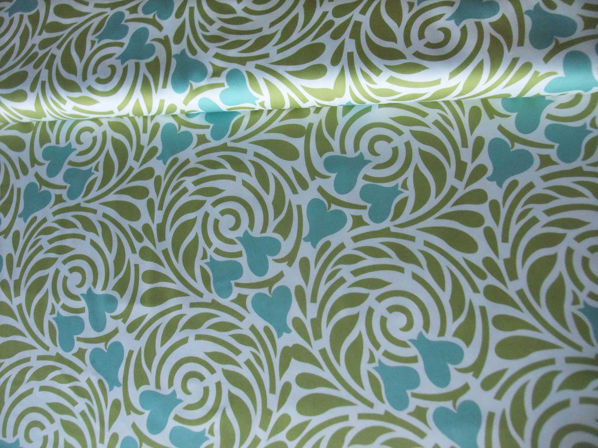 Mako-Satin, Meterware, Baumwolle,  Motiv "Rabenwiese" grün/wasserblau, türkis, aqua, Spiralen, Herzen, Baumwollsatin, für Bettwäsche, elegante Kleidung, Hemden, Kleider
