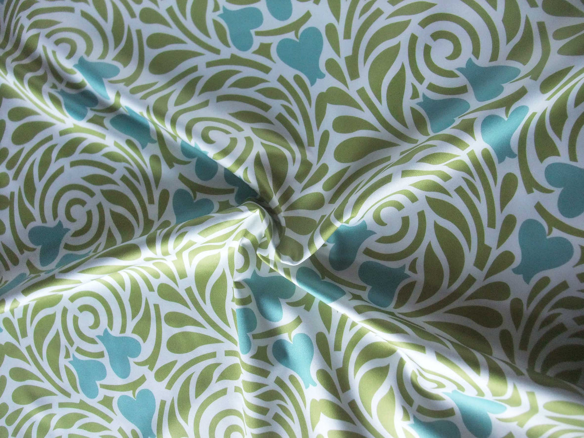 Mako-Satin, Meterware, Baumwolle,  Motiv "Rabenwiese" grün/wasserblau, türkis, aqua, Spiralen, Herzen, Baumwollsatin, für Bettwäsche, elegante Kleidung, Hemden, Kleider