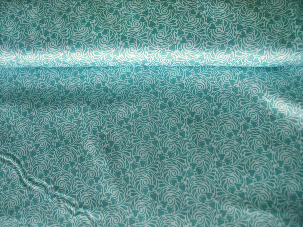 Mako-Satin, Meterware, Baumwolle,  Motiv "Rabenwiese", wasserblau, türkis, aqua, Spiralen, Herzen, für Blusen, Hemden, Kleider, Bettwäsche, Baumwollsatin