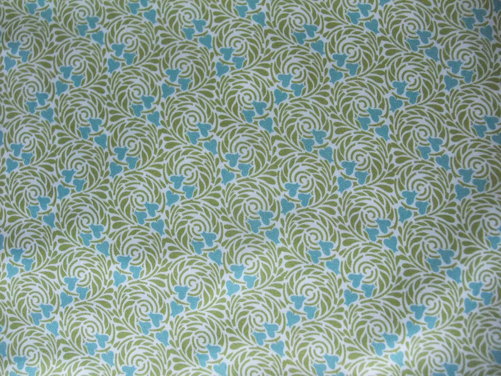 Mako-Satin, Meterware, Baumwolle,  Motiv "Rabenwiese" grün/wasserblau, türkis, aqua, Spiralen, Herzen, Baumwollsatin, für Bettwäsche, elegante Kleidung, Hemden, Kleider