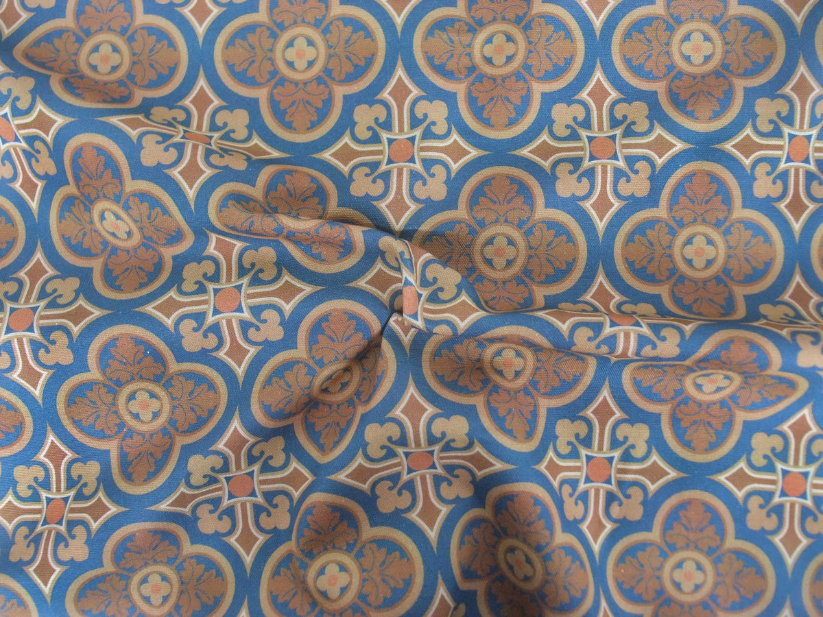Halbpanama, Meterware, dunkelblau-braun, Baumwollstoff, 160cm breit, Muster "Herrenhaus", Farbstellung "Allure dunkel", navy-tan, Fliesenmuster, für Dirndl, Taschen, Kissen, Hosen