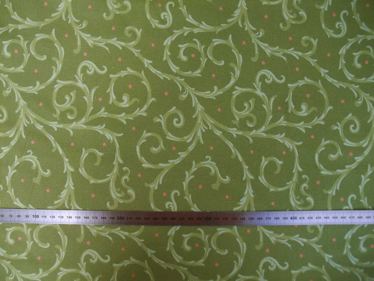 Meterware, Halbpanama, Motiv "Dornenhecke", Grüntöne mit hellroten Pünktchen, 200g/qm, Ranken, Baumwollstoff, Taschen, Tischdecke, Kissen, Hosen, Trachten
