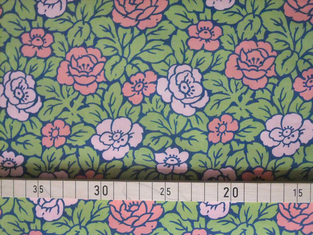 Popeline, Baumwollstoff, Meterware, Rosenmuster, navy-grün-lachs-hellrosa, GOTS, bio, Webware, Blusenstoff, Hemdenstoff, Trachten, Patchwork, Dirndl
