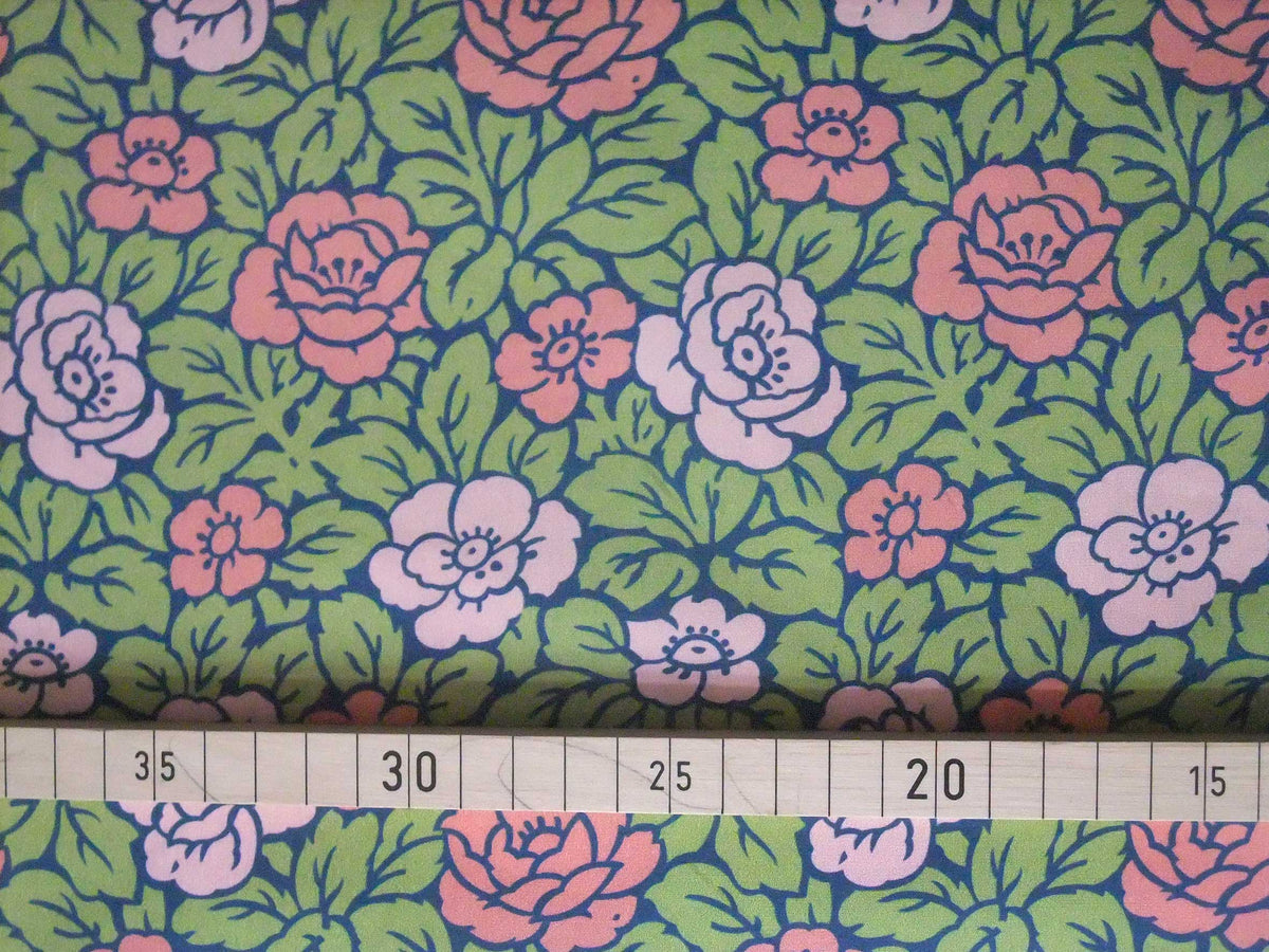 Popeline, Baumwollstoff, Meterware, Rosenmuster, navy-grün-lachs-hellrosa, GOTS, bio, Webware, Blusenstoff, Hemdenstoff, Trachten, Patchwork, Dirndl
