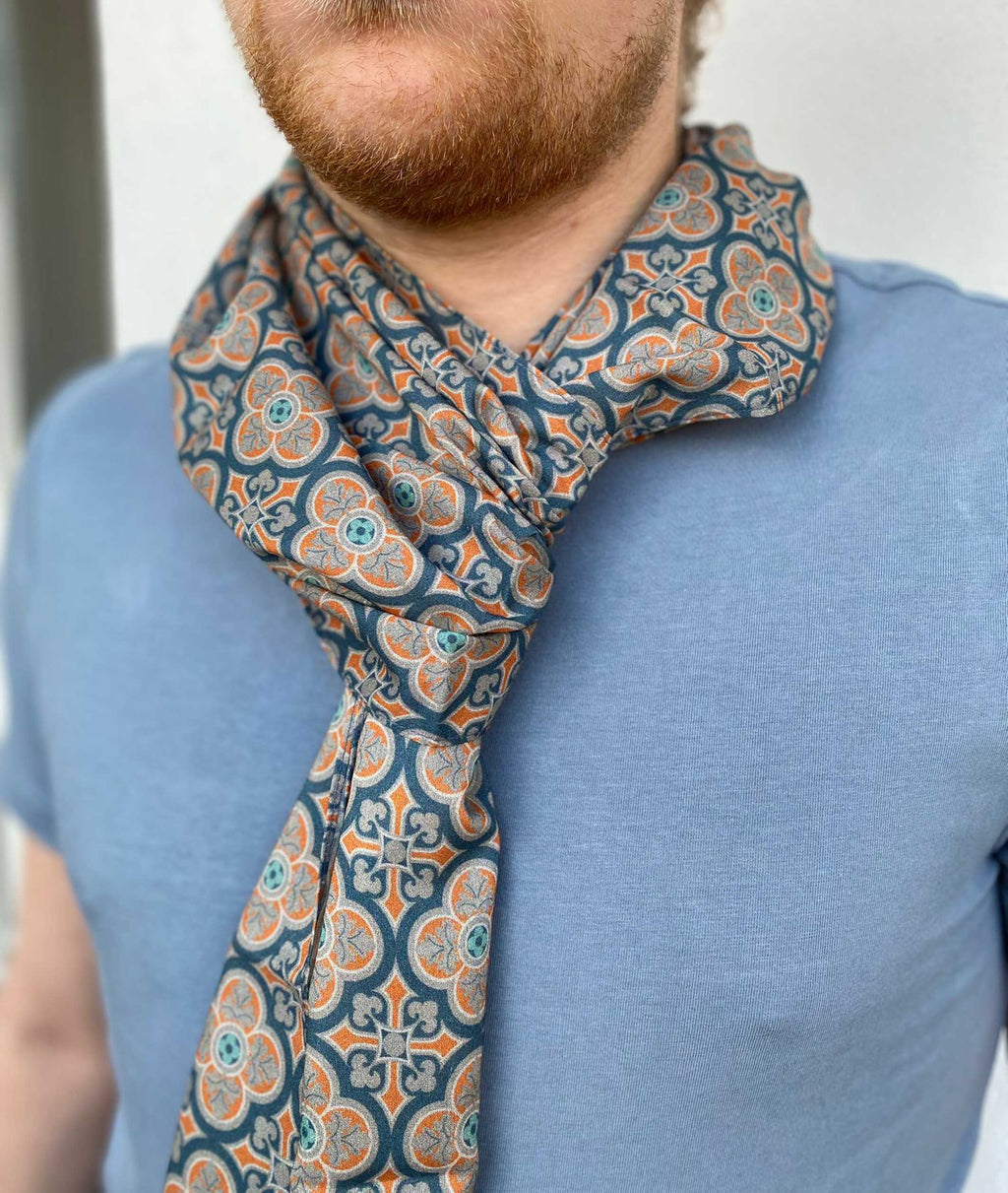 Scarf, batiste viscose, 30 × 190 cm, “Manor House” pattern, dark blue-gray, sewn double-layered