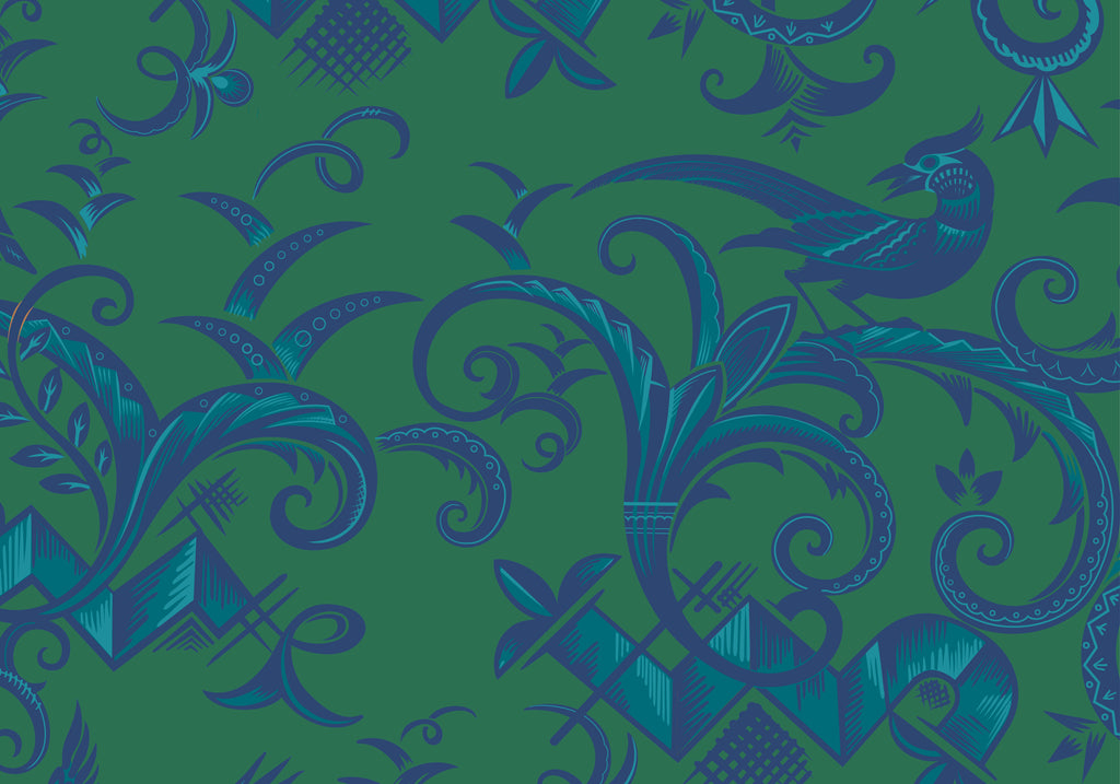 Halbpanama, Meterware, Wiedehopf, grün-tintenblau, 160cm breit, Baumwolle, Vogel, art deco