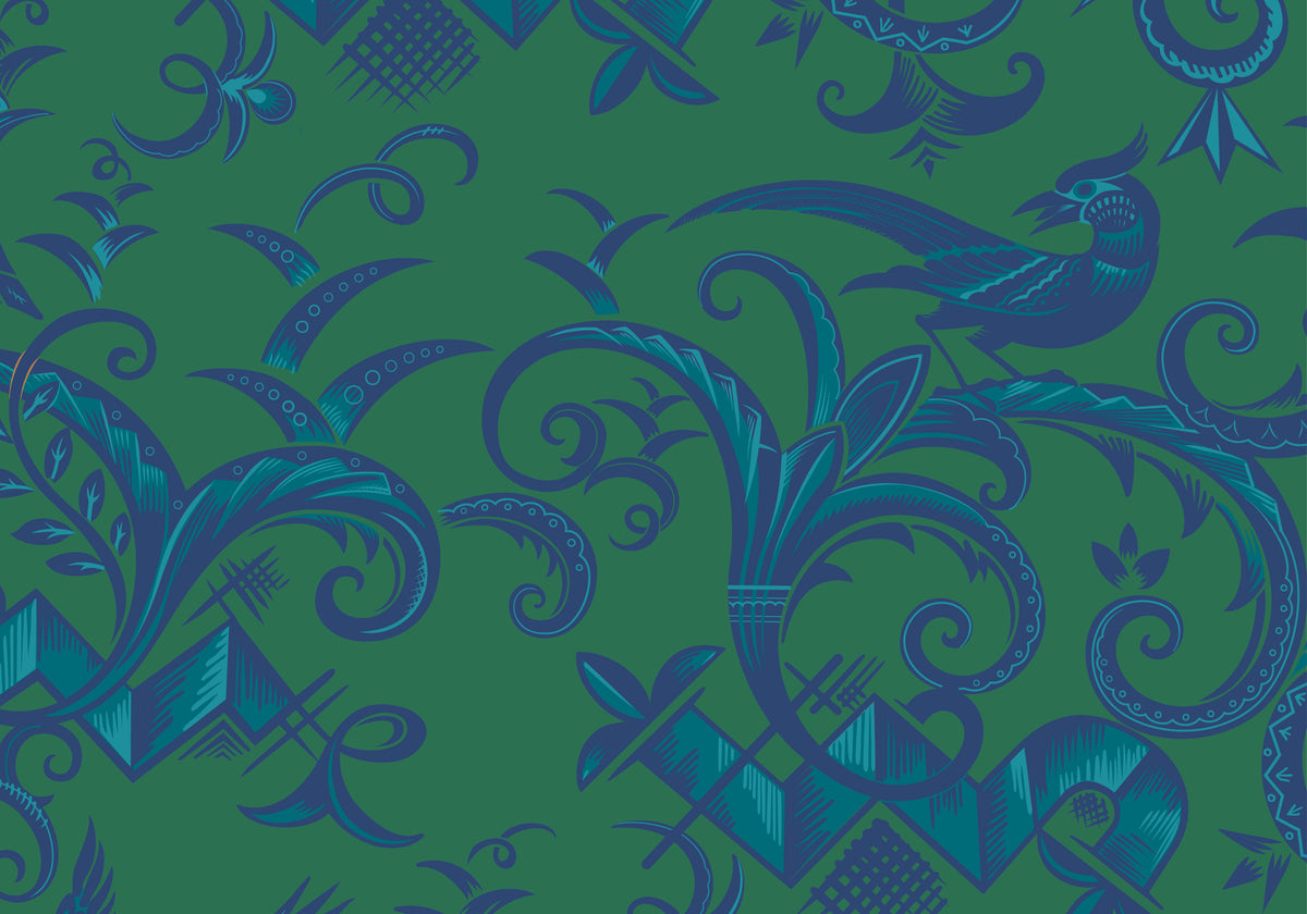 Halbpanama, Meterware, Wiedehopf, grün-tintenblau, 160cm breit, Baumwolle, Vogel, art deco