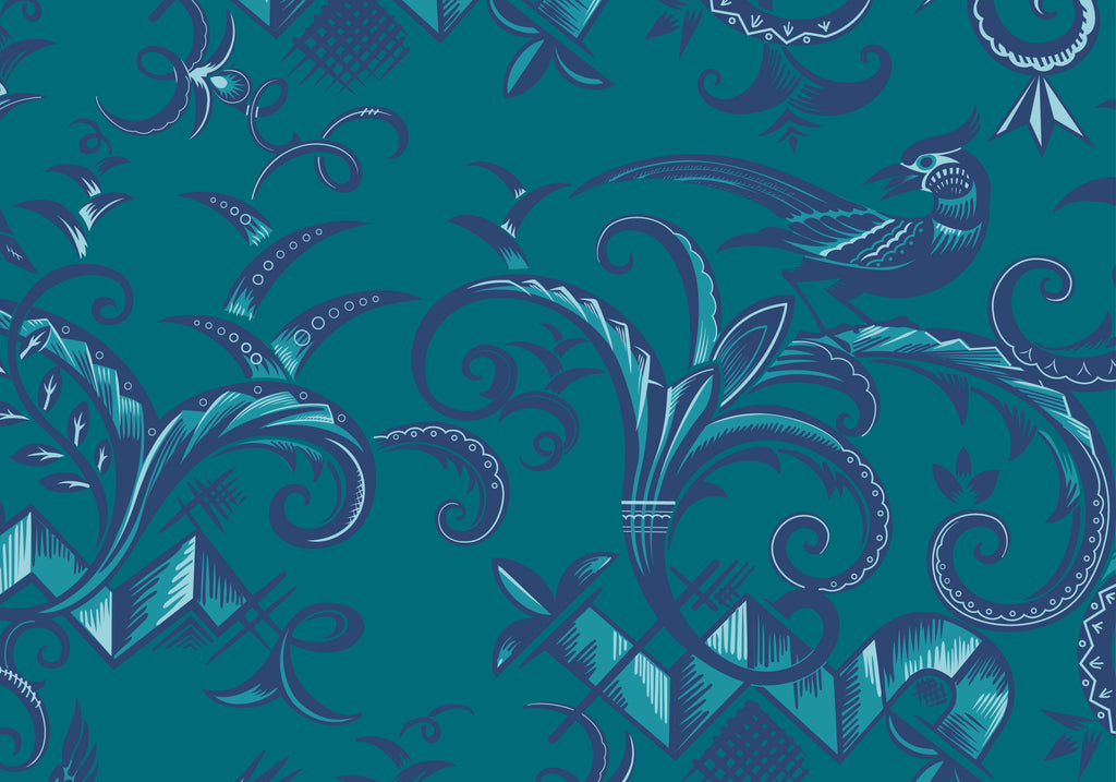 Halbpanama, Meterware, Wiedehopf, türkis-tintenblau, 160cm breit, Baumwolle, Vogel, art deco
