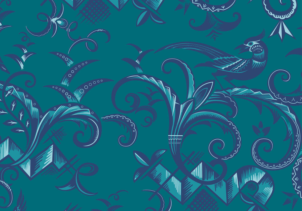 Halbpanama, Meterware, Wiedehopf, türkis-tintenblau, 160cm breit, Baumwolle, Vogel, art deco