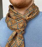 Scarf, batiste viscose, 30 x 190 cm, “Manor House” pattern, dark blue and brown, sewn double-layered